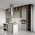 Modern Kitchen Interior With Gray Cabinets Marble Countertop Wine Rack And Stainless Steel Range Hood
