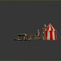 Cartoon Circus Scene Featuring Red White Striped Tent Characters Wooden Cart Barrels And Campfire