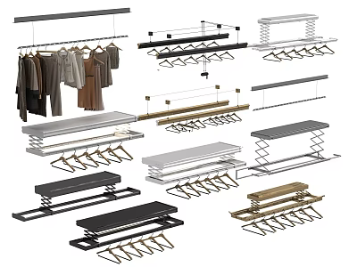 Various Modern Clothes Hangers with Metal and Wooden Racks for Home Wardrobe Organization 3d model
