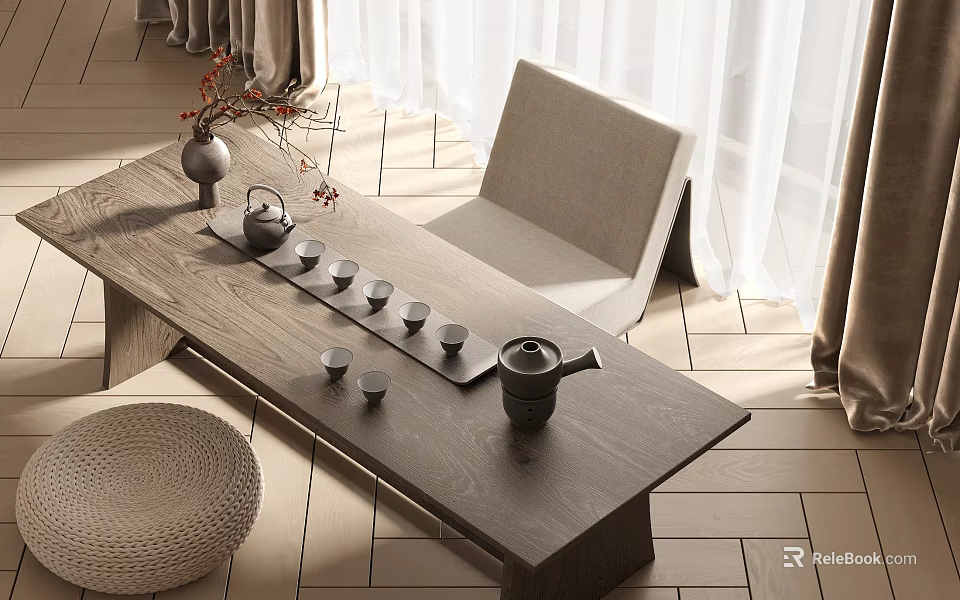Modern Wooden Tea Table and Chairs with Tea Set and Decorative Vase in Bright Room 3d model 