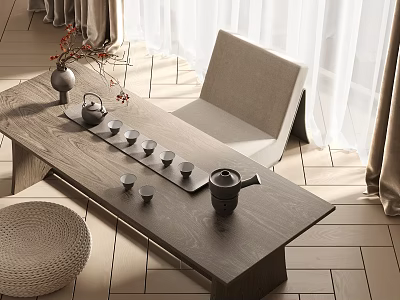 Modern Wooden Tea Table and Chairs with Tea Set and Decorative Vase in Bright Room 3d model