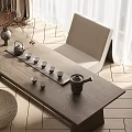 Modern Wooden Tea Table and Chairs with Tea Set and Decorative Vase in Bright Room