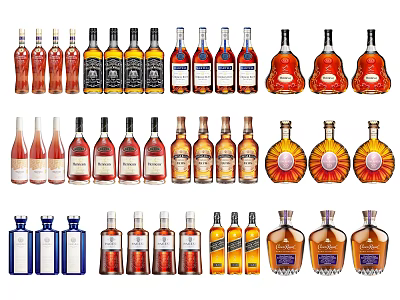 Various Types of Wine and Liquor Bottles with Glasses in Elegant Display Collection 3d model