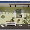 Green Wall Flower Shop Interior With Window White Shutters Hanging Plants And Flower Bouquets