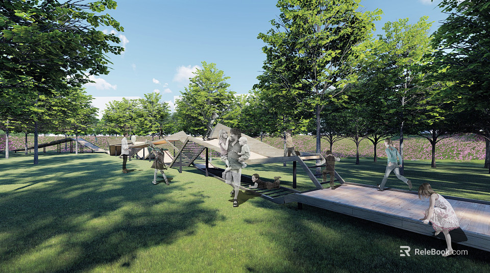 Outdoor Children's Play Area With Green Lawn Trees And Fun Play Structures 3d model 