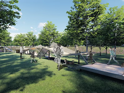 Outdoor Children's Play Area With Green Lawn Trees And Fun Play Structures 3d model