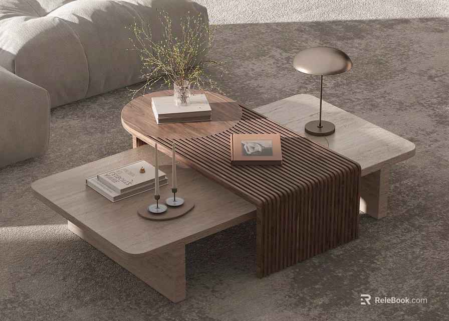 Modern Wooden Coffee Table With Books Decorative Vase And Table Lamp 3d model 