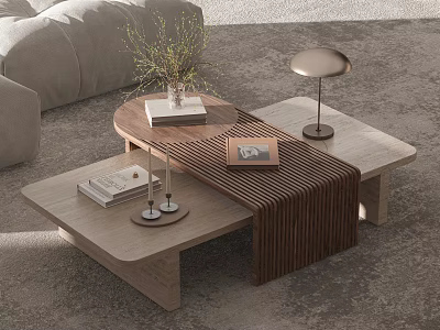 Modern Wooden Coffee Table With Books Decorative Vase And Table Lamp 3d model