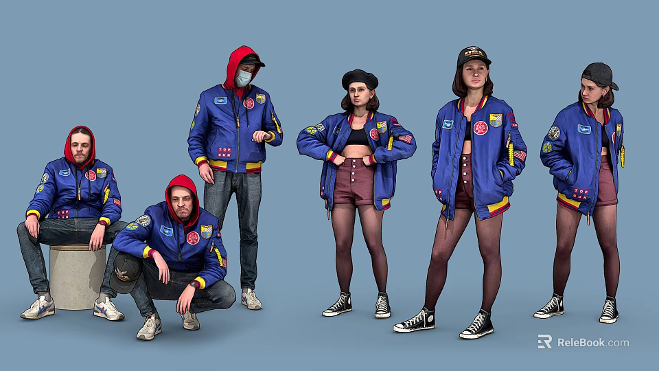 Group of People Wearing Blue Jackets in Different Poses Against Gray Background 3d model 