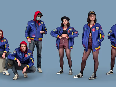 Group of People Wearing Blue Jackets in Different Poses Against Gray Background 3d model