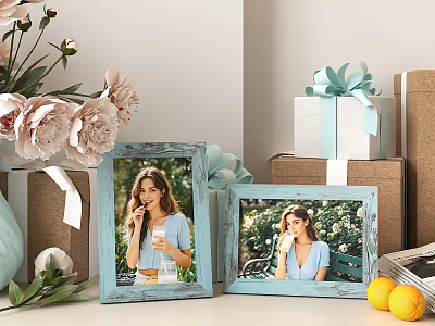 Two Light Blue Photo Frames Displaying Woman Photos With Flower Bouquet Gift Box And Lemons 3d model