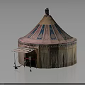 Traditional Tent Shaped Building With Pointed Roof Decorative Patterns And Door Canopy