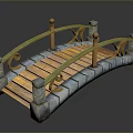Ornate Small Bridge With Stone Base Wooden Deck And Curved Golden Railings