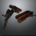Two Red Mechanical Devices with Pipes Wheels and Industrial Structure
