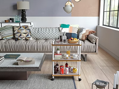 Multi tiered Wheeled Coffee Table with Fruit Basket Drink Bottles by Sofa on Wooden Floor 3d model