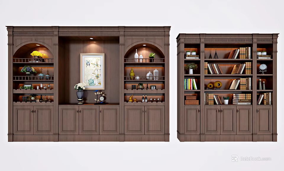 Wooden Bookcase With Multiple Shelves Books Decorative Items Vases And Cabinets 3d model 