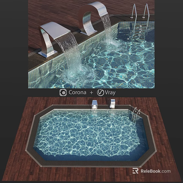 Garden Ornament Featuring Swimming Pool With Waterfall Clear Water And Wooden Deck Seats 3d model 