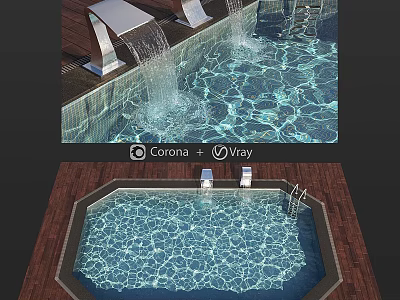 Garden Ornament Featuring Swimming Pool With Waterfall Clear Water And Wooden Deck Seats 3d model