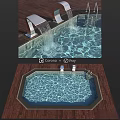 Garden Ornament Featuring Swimming Pool With Waterfall Clear Water And Wooden Deck Seats