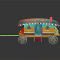 Traditional Decorative Carriage Featuring Colorful Roof Tassels Yellow Body Blue Door And Wooden Spoked Wheels