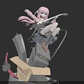 Anime Woman With Pink Long Hair In Pink Coat Playing Black Electric Guitar