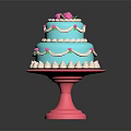 Three Tiered Blue Cake With Pink Rose Decoration On Pink Stand And White Pink Trims
