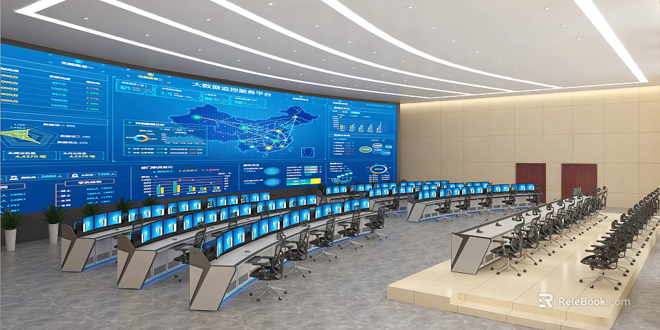 Advanced Monitoring Room Interior Setup With Large Blue Display Screen Data Charts And Computer Consoles 3d model 