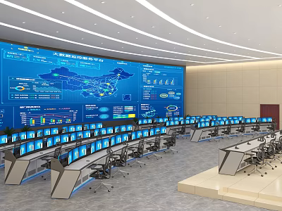 Advanced Monitoring Room Interior Setup With Large Blue Display Screen Data Charts And Computer Consoles 3d model