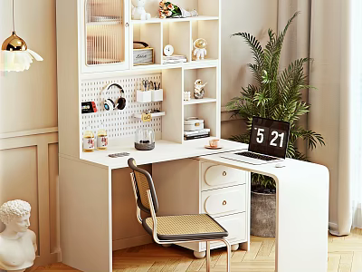Modern White Desk Setup With Bookshelf Decorations Laptop Chair And Potted Plant 3d model