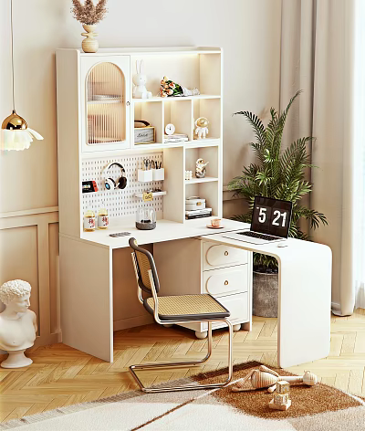 Modern White Desk Setup With Bookshelf Decorations Laptop Chair And Potted Plant 3d model