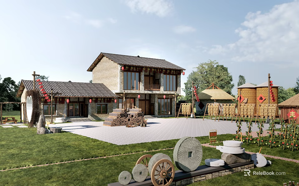 Traditional Rural Self-built House With Courtyard Farm Tools And Green Surroundings 3d model 