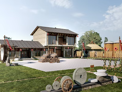 Traditional Rural Self-built House With Courtyard Farm Tools And Green Surroundings 3d model