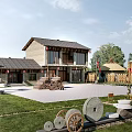 Traditional Rural Self-built House With Courtyard Farm Tools And Green Surroundings