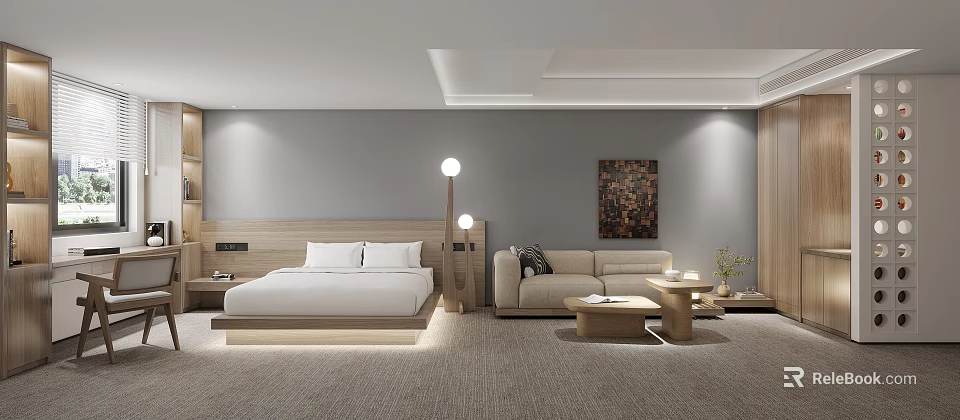 Modern Hotel Guest Room With Comfortable Bed Sofa Coffee Table And Wall Artwork 3d model