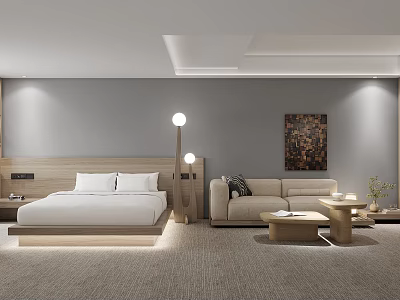 Modern Hotel Guest Room With Comfortable Bed Sofa Coffee Table And Wall Artwork 3d model