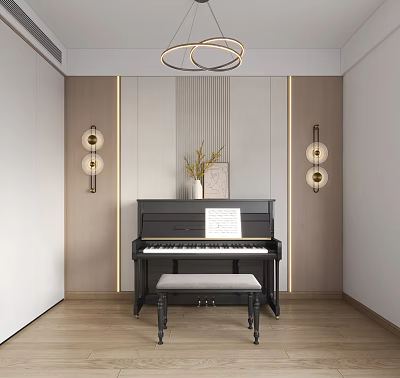 Elegant Modern Room With Piano And Painting Artwork Wooden Walls Ceiling Lamps And Music Sheet 3d model