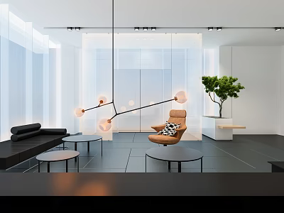 Modern Hotel Lobby Lounge With Black Sofa And Hanging Lamp 3d model