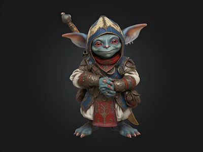 Mythical Fantasy Creature With Big Ears Blue Skin Red Scarf And Armored Costume Holding Staff 3d model