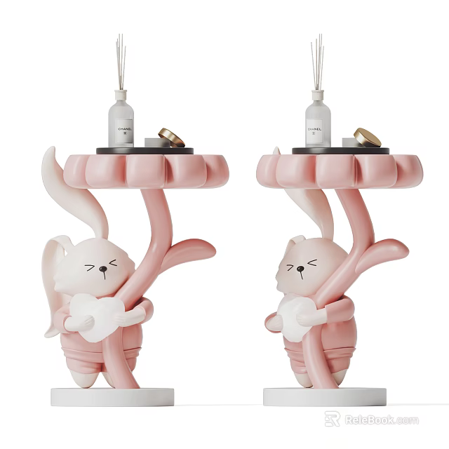 Two Cute Pink Rabbit Shaped Coffee Tables With Decorative Items On Top 3d model