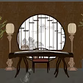 Traditional Chinese Guqin and Painting Tools on Wooden Desk with Round Mirror and Green Plants