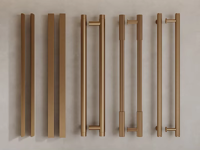 Various Styles Of Golden Metal Cabinet Handles Displayed On Light Surface 3d model