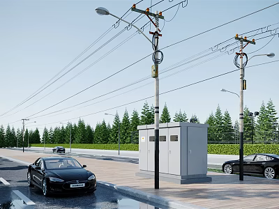 Modern Road Infrastructure with Street Lamps Utility Poles Control Cabinets Vehicles and Trees 3d model