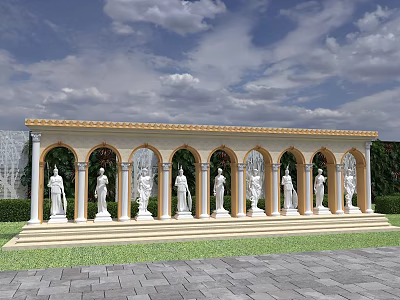 Scenic Park Landscape Featuring Arched Structure White Statues Green Lawn And Blue Sky 3d model