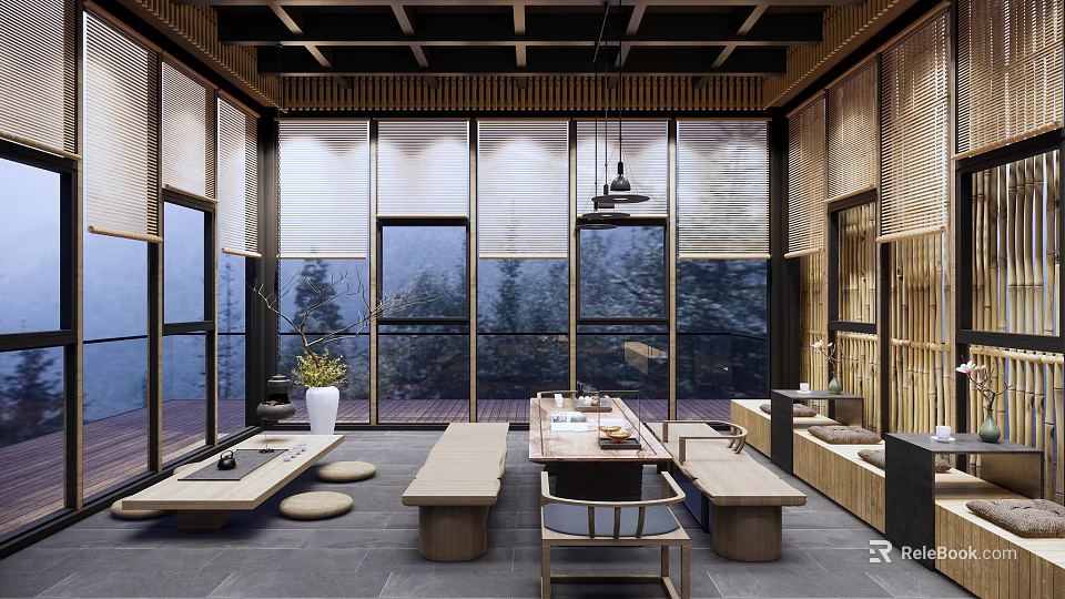 Traditional Chinese Tea Room Interior Design With Wooden Beams Large Windows And Tea Table Benches 3d model 