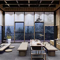 Traditional Chinese Tea Room Interior Design With Wooden Beams Large Windows And Tea Table Benches