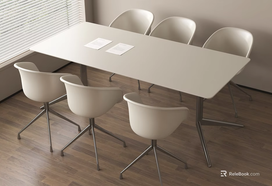 Modern Style Conference Table Featuring White Tabletop Six Chairs Metal Legs On Wooden Floor 3d model 