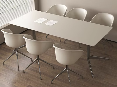 Modern Style Conference Table Featuring White Tabletop Six Chairs Metal Legs On Wooden Floor 3d model