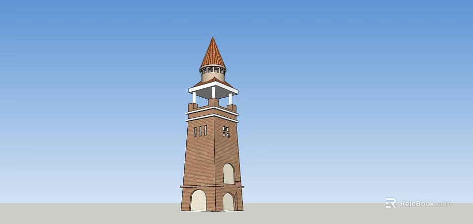 Traditional Red Brick Tower with Pointed Roof Arched Windows and White Balcony in Blue Sky 3d model 