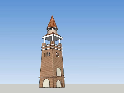 Traditional Red Brick Tower with Pointed Roof Arched Windows and White Balcony in Blue Sky 3d model