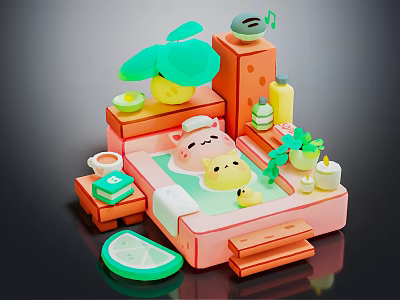 Cartoon Bathroom Scene With Cute Pig In Bathtub Lemon Elements Green Plants And Rubber Duck 3d model